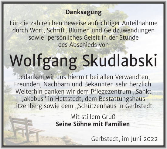 Traueranzeige von Wolfgang Skudlabski von Trauerkombi Mansfelder Land