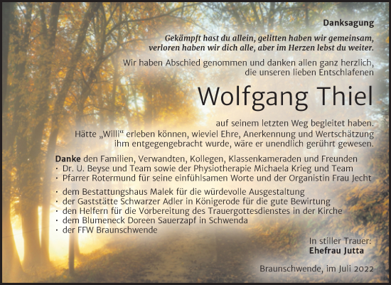 Traueranzeige von Wolfgang Thiel von Trauerkombi Mansfelder Land