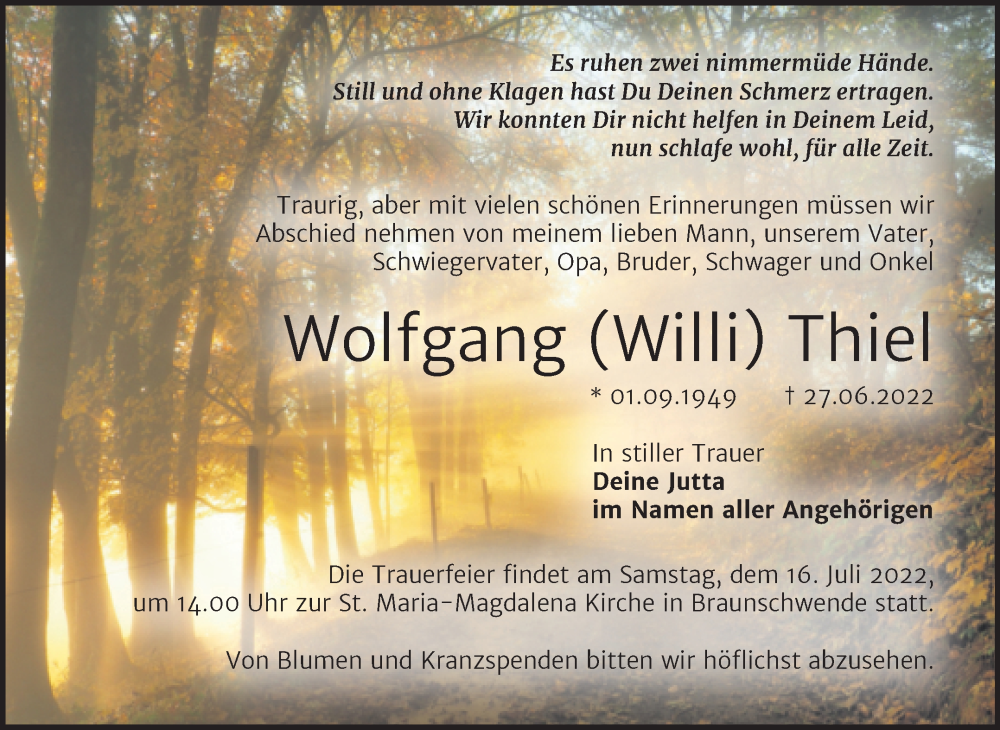  Traueranzeige für Wolfgang Thiel vom 02.07.2022 aus Trauerkombi Mansfelder Land