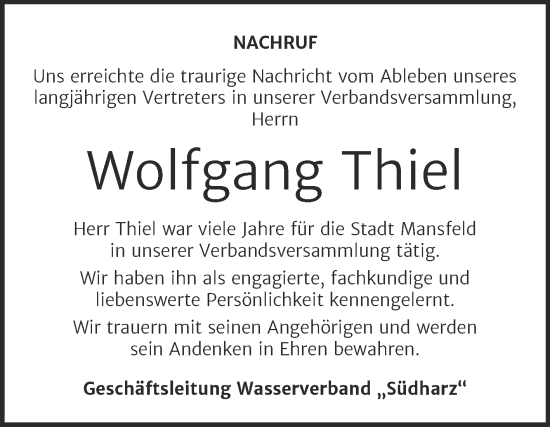 Traueranzeige von Wolfgang Thiel von Mitteldeutsche Zeitung Mansfelder Land