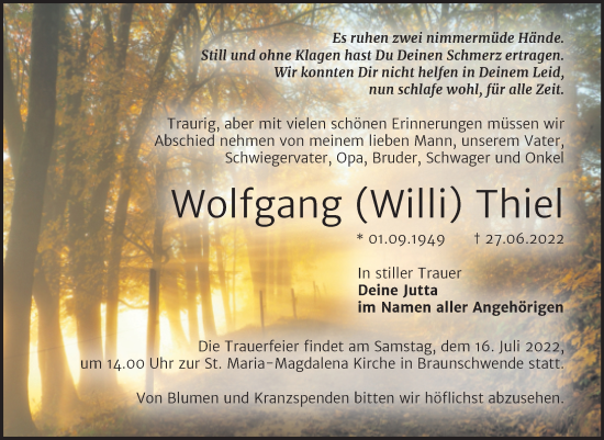 Traueranzeige von Wolfgang Thiel von Trauerkombi Mansfelder Land