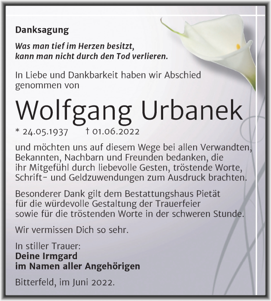 Traueranzeige von Wolfgang Urbanek von Trauerkombi Bitterfeld
