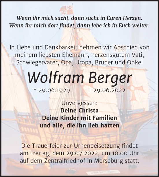 Traueranzeige von Wolfram Berger von Trauerkombi Merseburg