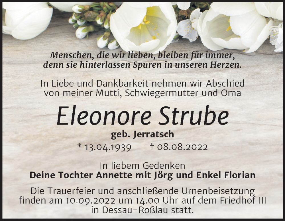  Traueranzeige für Eleonore Strube vom 20.08.2022 aus Trauerkombi Dessau