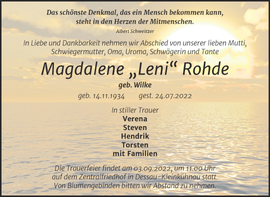 Traueranzeige von Magdalene Rohde von Trauerkombi Dessau
