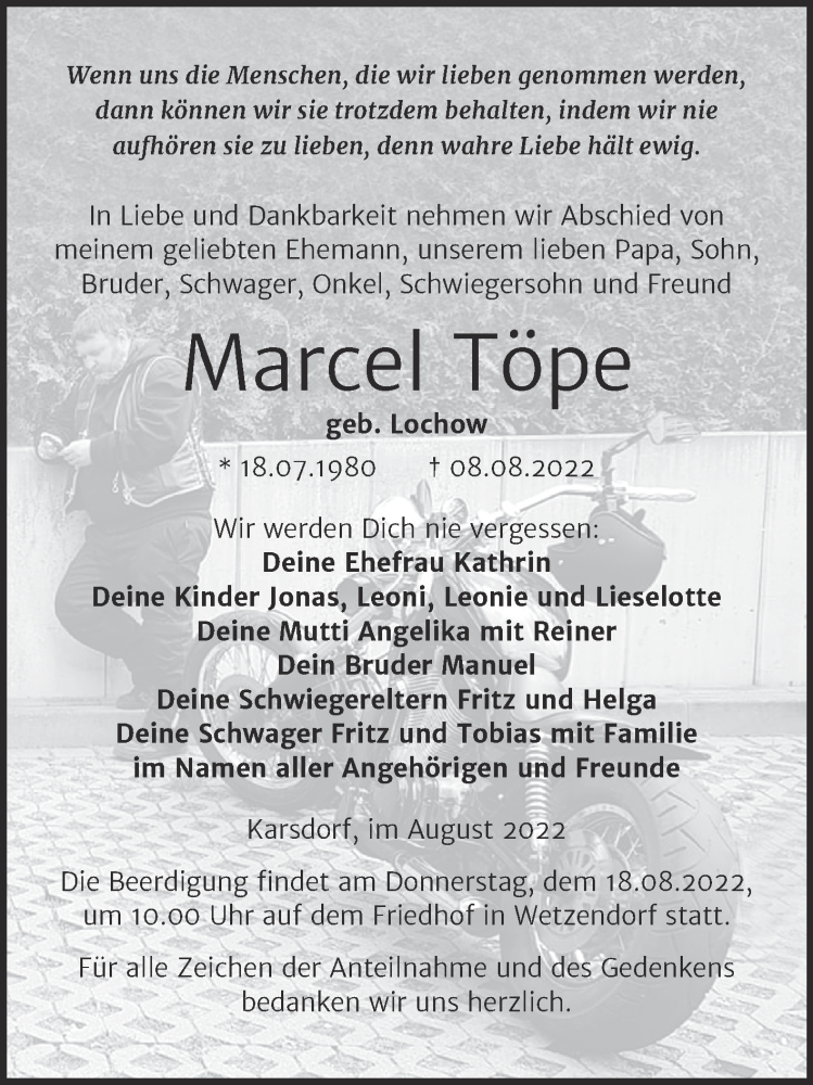  Traueranzeige für Marcel Töpe vom 13.08.2022 aus Naumburger Tageblatt