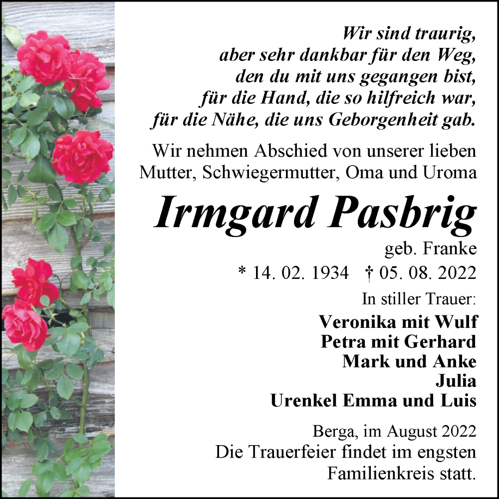  Traueranzeige für Irmgard Pasbrig vom 13.08.2022 aus Trauerkombi Sangerhausen