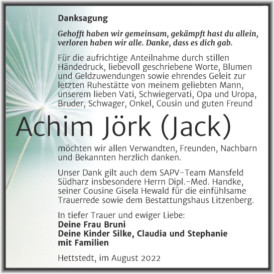 Traueranzeige von Achim Jörk von Trauerkombi Mansfelder Land