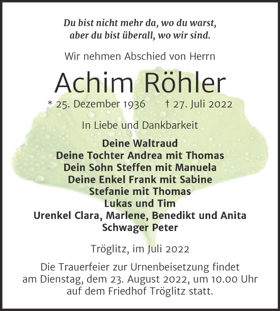 Traueranzeige von Achim Röhler von Trauerkombi Zeitz
