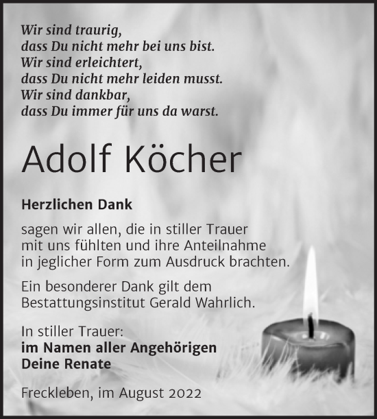 Traueranzeige von Adolf Köcher von Trauerkombi Aschersleben