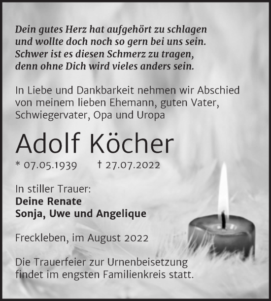 Traueranzeige von Adolf Köcher von Trauerkombi Aschersleben