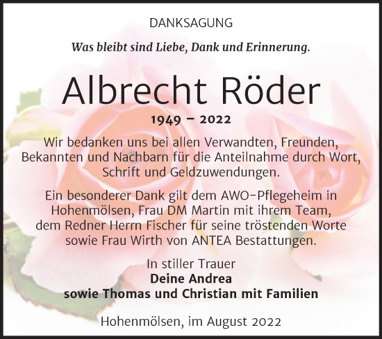 Traueranzeige von Albrecht Röder von Trauerkombi Weißenfels