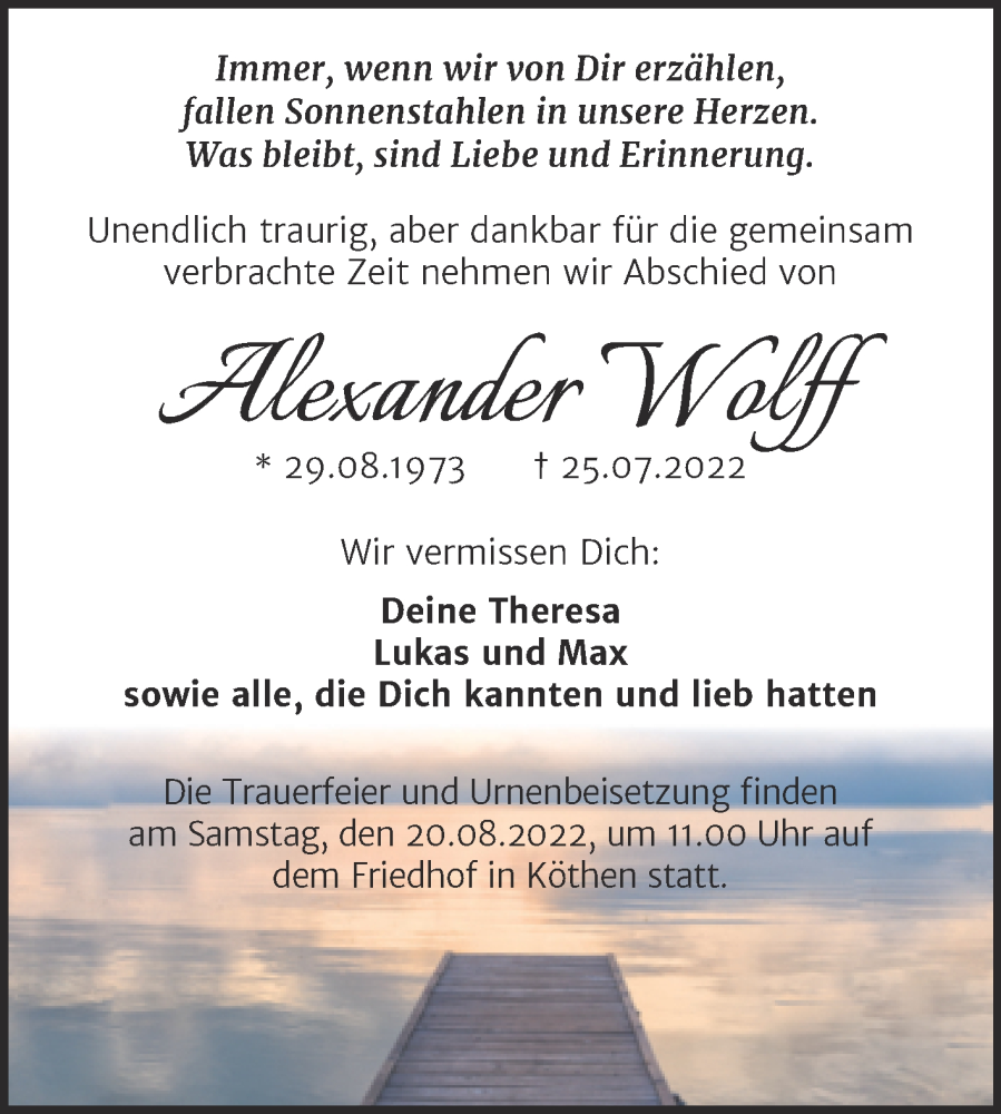 Traueranzeige für Alexander Wolff vom 06.08.2022 aus Trauerkombi Köthen