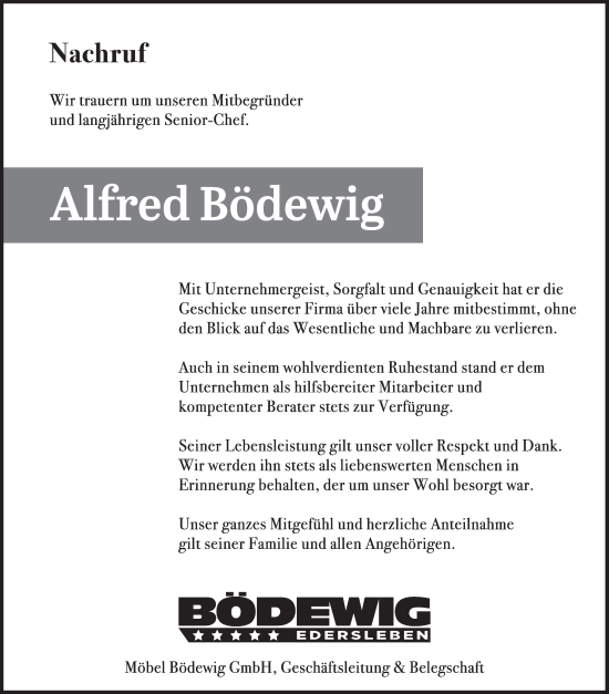 Traueranzeige von Alfred Bödewig von Super Sonntag Sangerhausen