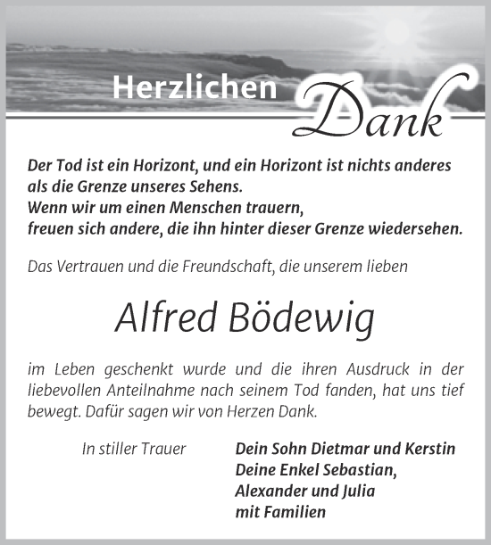 Traueranzeige von Alfred Bödewig von Trauerkombi Sangerhausen