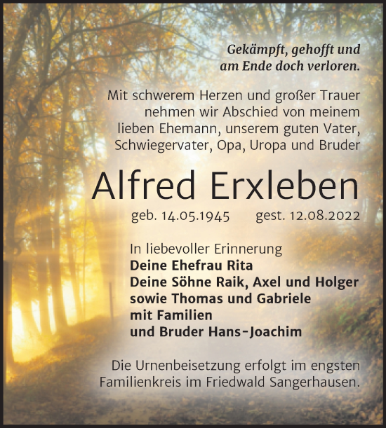 Traueranzeige von Alfred Erxleben von Trauerkombi Bitterfeld