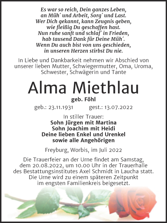 Traueranzeige von Alma Miethlau von Wochenspiegel Naumburg/Nebra