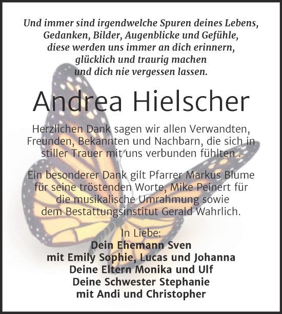 Traueranzeige von Andrea Hielscher von Trauerkombi Mansfelder Land