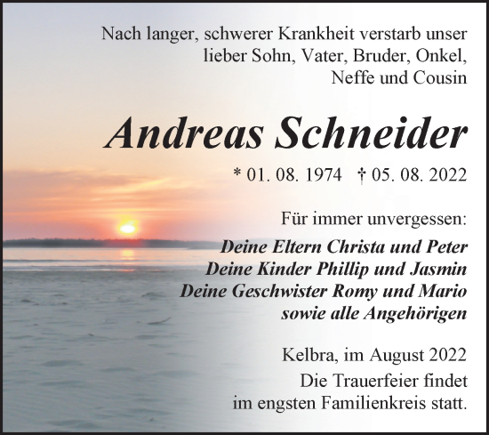 Traueranzeige von Andreas Schneider von Mitteldeutsche Zeitung Sangerhausen