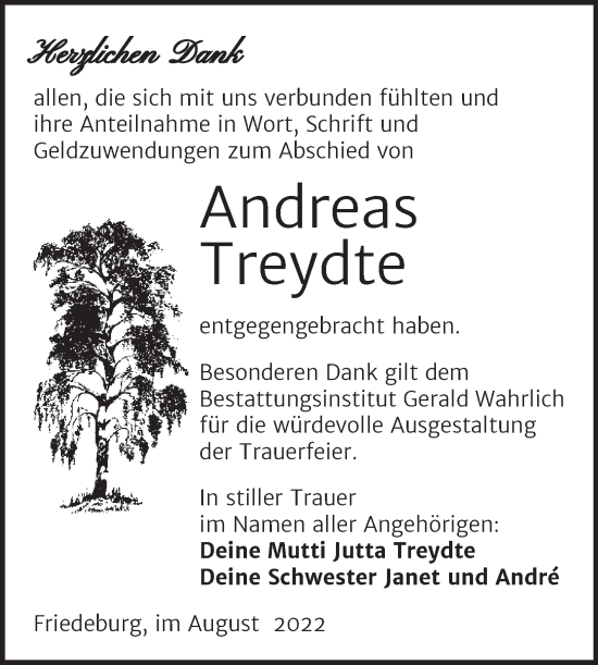 Traueranzeige von Andreas Treydte von Trauerkombi Mansfelder Land