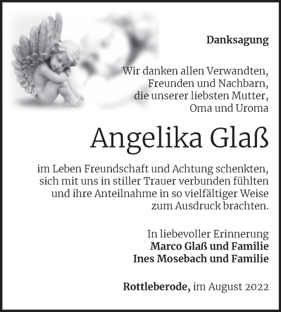 Traueranzeige von Angelika Glaß von Mitteldeutsche Zeitung Sangerhausen