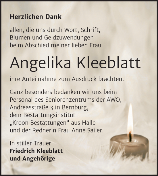 Traueranzeige von Angelika Kleeblatt von Trauerkombi Bernburg