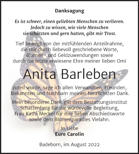 Traueranzeige von Anita Barleben von Trauerkombi Quedlinburg