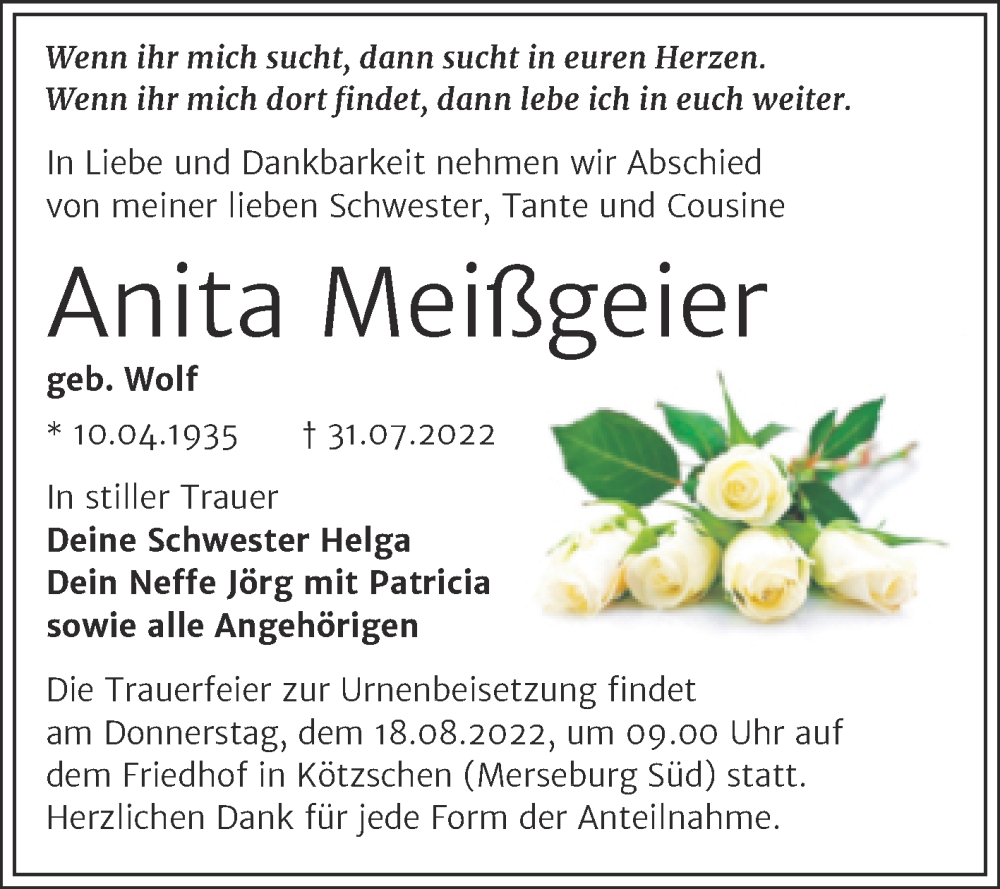  Traueranzeige für Anita Meißgeier vom 06.08.2022 aus Trauerkombi Merseburg