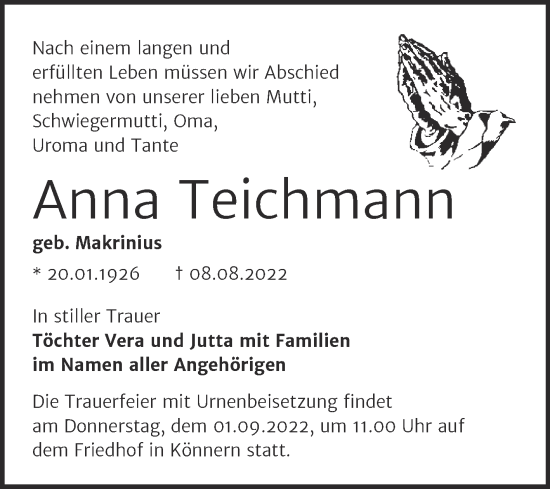Traueranzeige von Anna Teichmann von Trauerkombi Bernburg