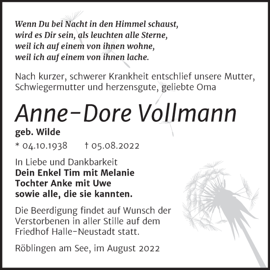 Traueranzeige von Anne-Dore Vollmann von Mitteldeutsche Zeitung Halle/Saalkreis