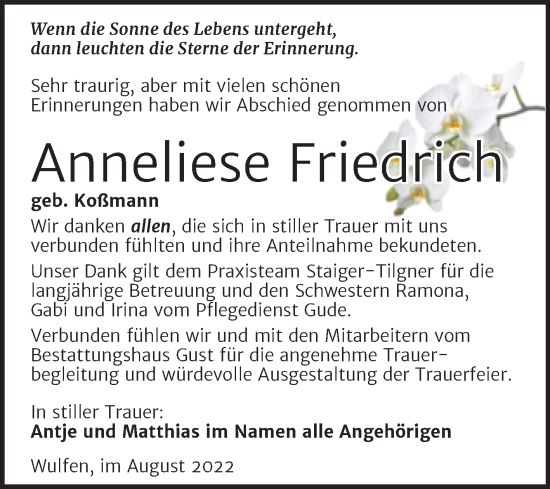 Traueranzeige von Anneliese Friedrich von Trauerkombi Köthen