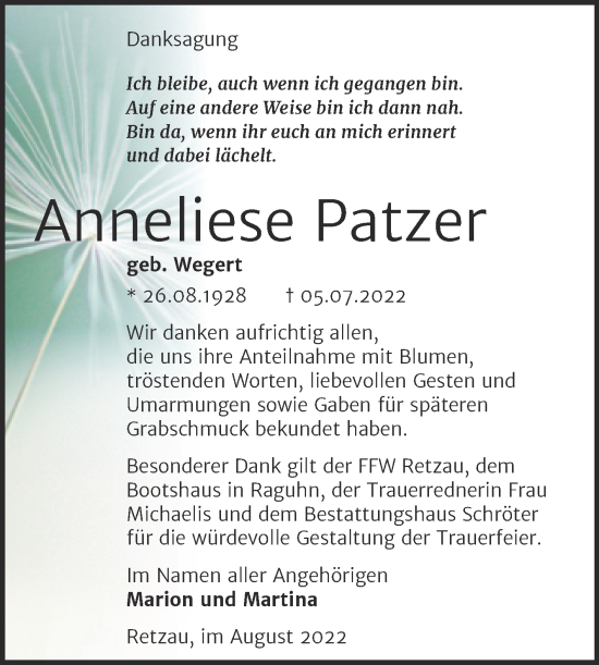 Traueranzeige von Anneliese Patzer von Trauerkombi Bitterfeld