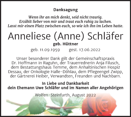 Traueranzeige von Anneliese Schläfer von Trauerkombi Bitterfeld