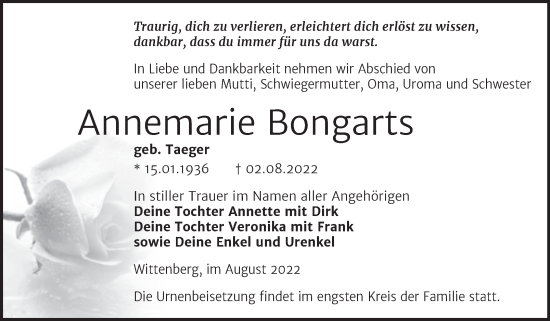 Traueranzeige von Annemarie Bongarts von Trauerkombi Wittenberg