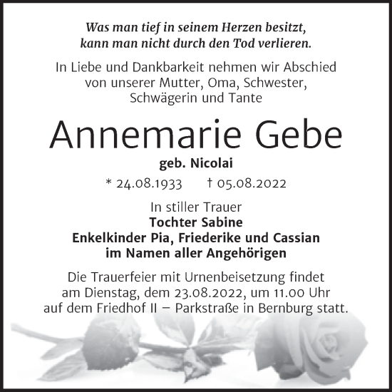 Traueranzeige von Annemarie Gebe von Trauerkombi Bernburg