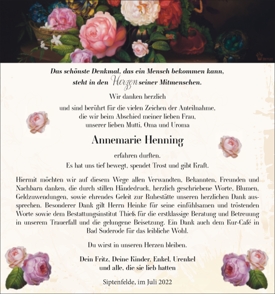 Traueranzeige von Annemarie Henning von Trauerkombi Quedlinburg