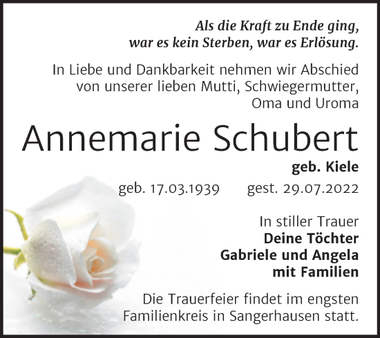 Traueranzeige von Annemarie Schubert von Mitteldeutsche Zeitung Sangerhausen