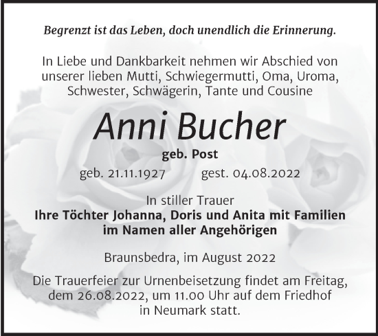 Traueranzeige von Anni Bucher von Trauerkombi Merseburg