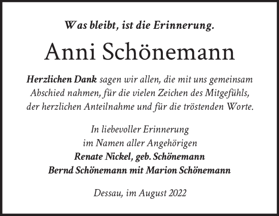 Traueranzeige von Anni Schönemann von Trauerkombi Dessau