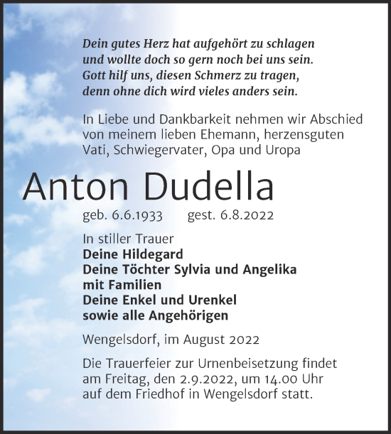 Traueranzeige von Anton Dudella von Trauerkombi Weißenfels