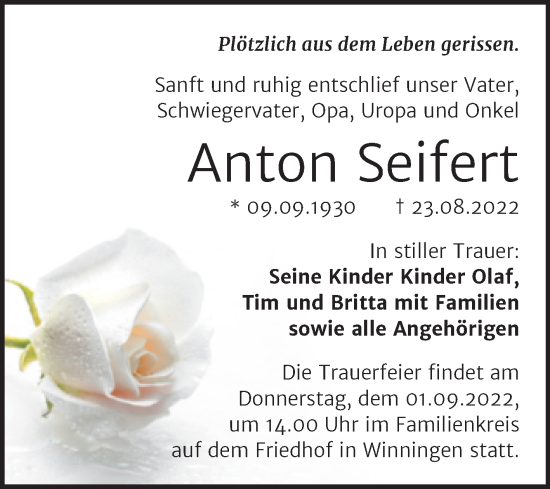 Traueranzeige von Anton Seifert von Trauerkombi Aschersleben