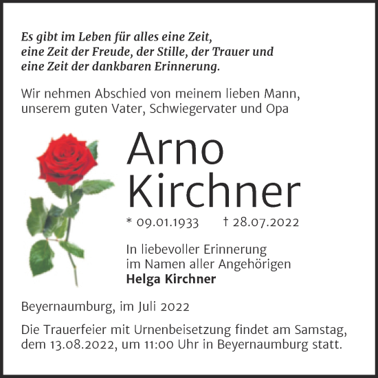 Traueranzeige von Arno Kirchner von Trauerkombi Sangerhausen