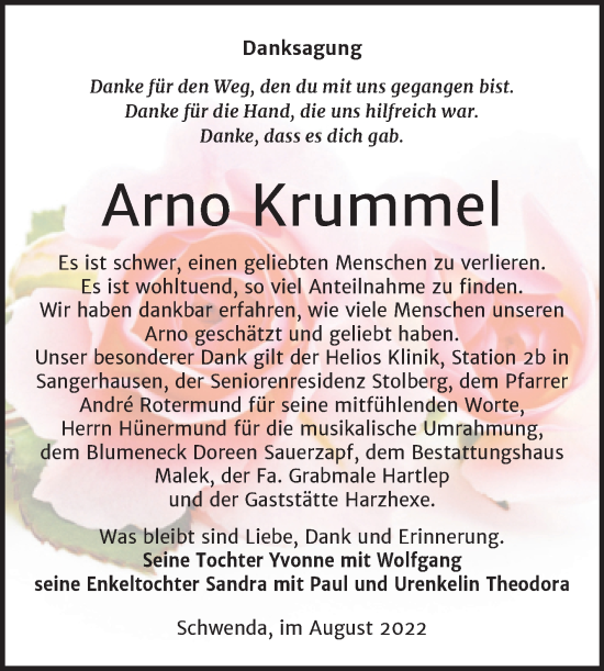 Traueranzeige von Arno Krummel von Trauerkombi Sangerhausen