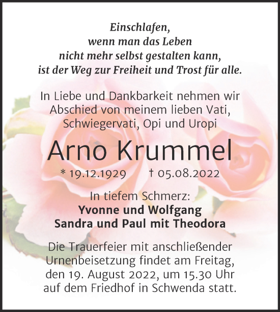 Traueranzeige von Arno Krummet von Trauerkombi Sangerhausen