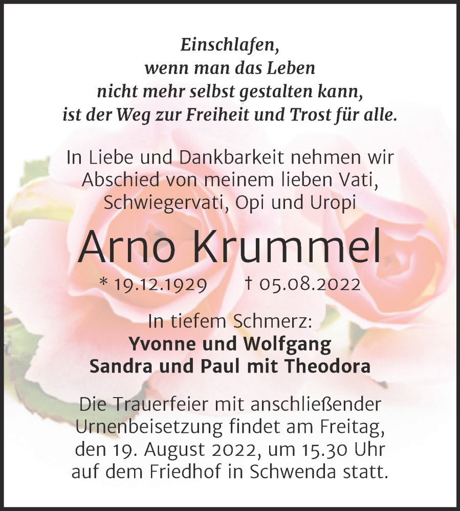  Traueranzeige für Arno Krummet vom 13.08.2022 aus Trauerkombi Sangerhausen
