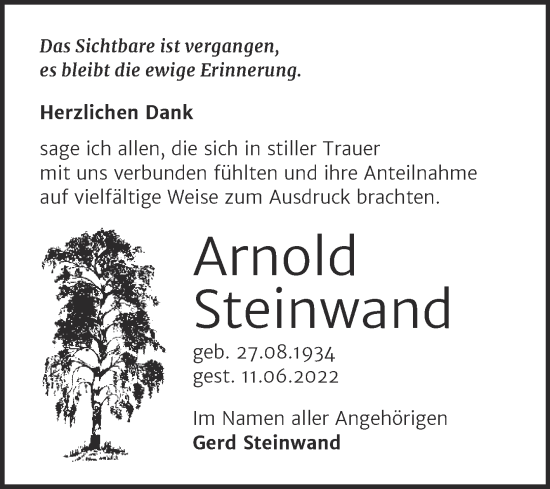 Traueranzeige von Arnold Steinwand von Trauerkombi Bitterfeld