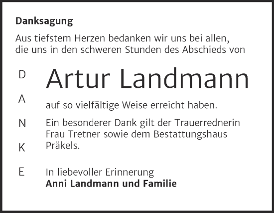 Traueranzeige von Artur Landmann von Trauerkombi Zeitz