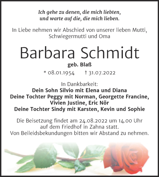 Traueranzeige von Barbara Schmidt von Trauerkombi Wittenberg