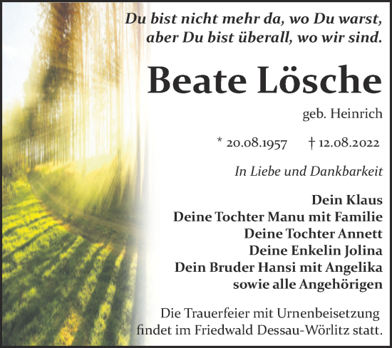 Traueranzeige von Beate Lösche von Trauerkombi Bitterfeld