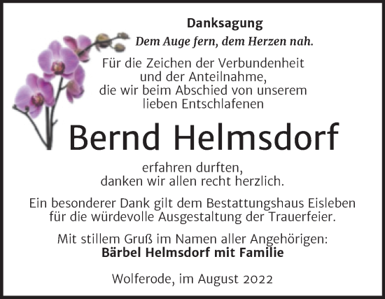 Traueranzeige von Bernd Helmsdorf von Trauerkombi Mansfelder Land